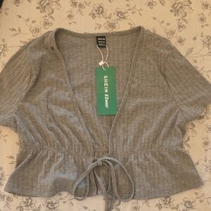 SHEIN Gray Ribbed Crop Blouse with Tie Front